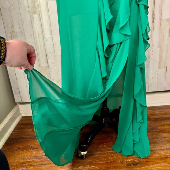 Betsy & Adam Emerald Green Helen Long Chiffon Ruffle Halter Neck Dress Size8 NEW - Picture 5 of 16